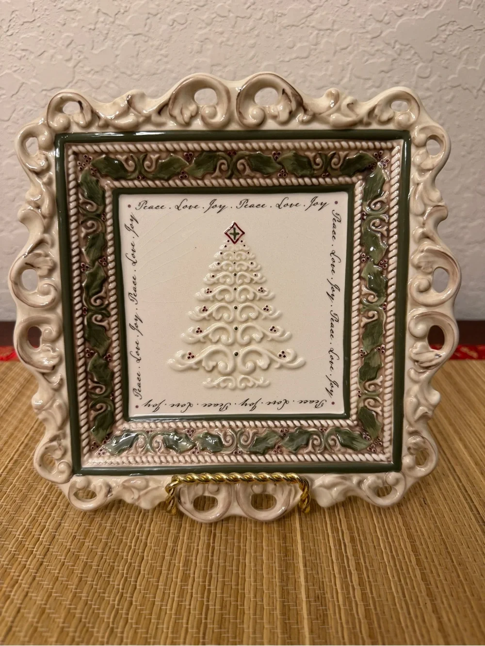 Grasslands Road Christmas Scroll Pierced Square Ceramic Plates 8” (set of 2) Vtg
